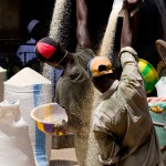 Men work in the rice wholesaling market of Bamako, Mali