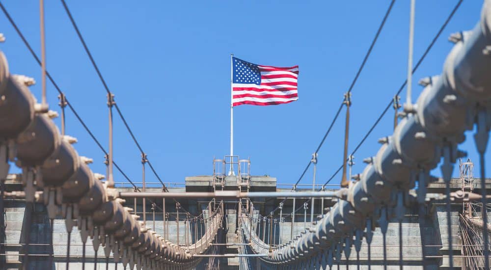 United States Flag at top of Brooklyn Bridge