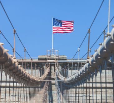 United States Flag at top of Brooklyn Bridge